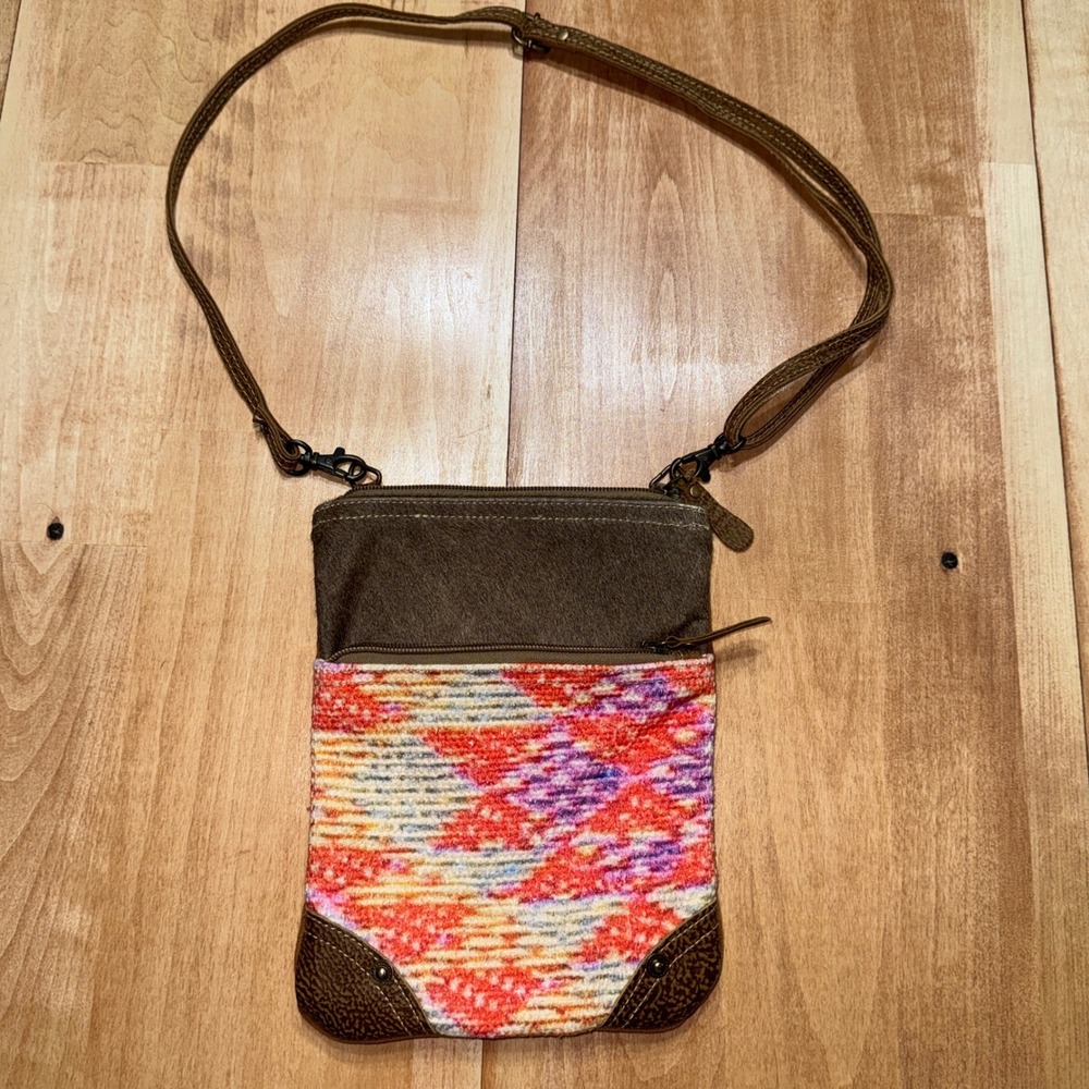 Myra Bag Small Crossbody Canvas Hair-on Hide Southwestern Boho Brown Multi-color